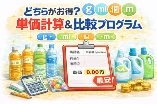 コスパ比較プログラム 1(g/ml/個/m)あたりの単価計算